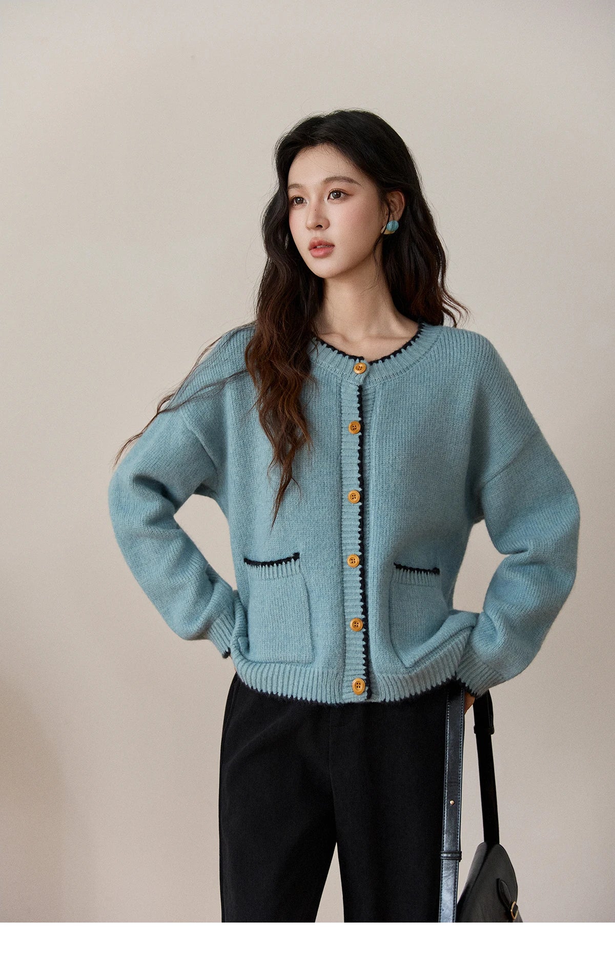MISHOW Women's Yellow Knitted Cardigan 2025 Autumn Winter Color Collision Edge Sweater Pockets Loose Warm Casual Tops MXE94Z2973