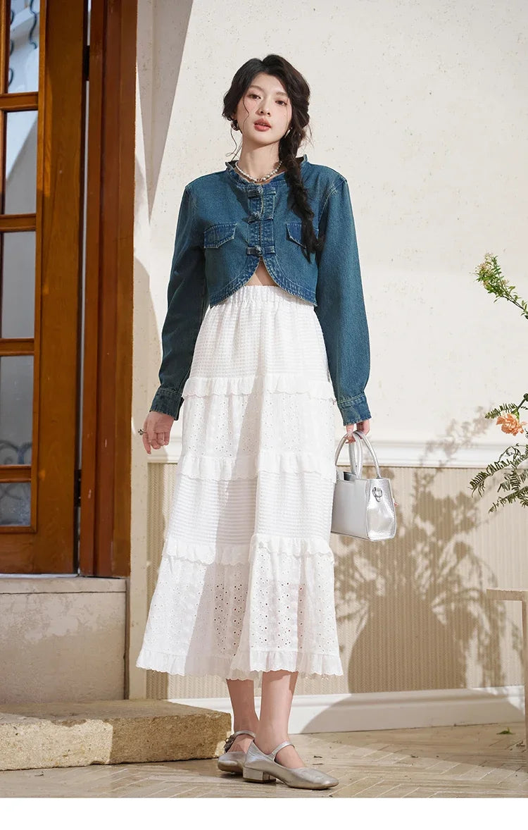 MISHOW Retro Chinese Buckle Denim Short Jacket U-neck Vest Dress Separately 2025 Autumn Casual Coat Knee-Length Dress MXD14L1771