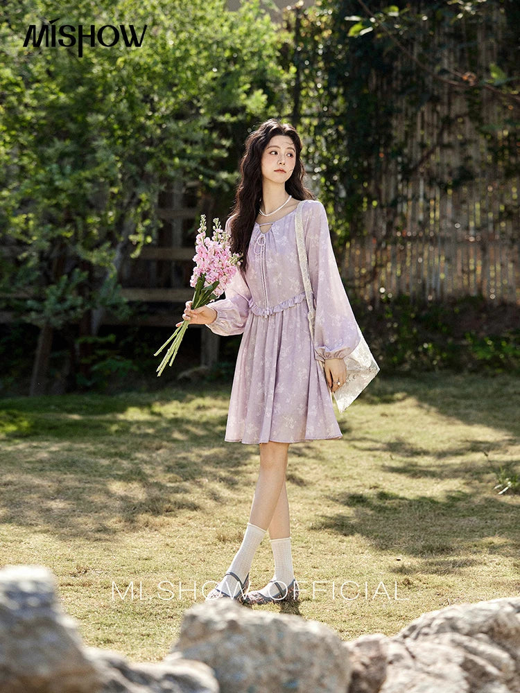 MISHOW Iris Chiffon Dress for Women Spring 2025 Waist Slim Black Fungus Edge Straps Dresses Purple Floral Fairy Dress MXE13L2095