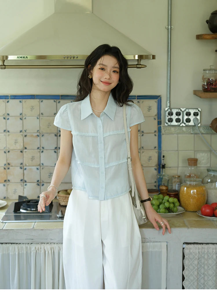 MISHOW Women's Turn-down Collar Button Casual Shirt 2025 Summer New Ladies Wear Edge Splicing Commut Short Sleeve Top MXE39C2363