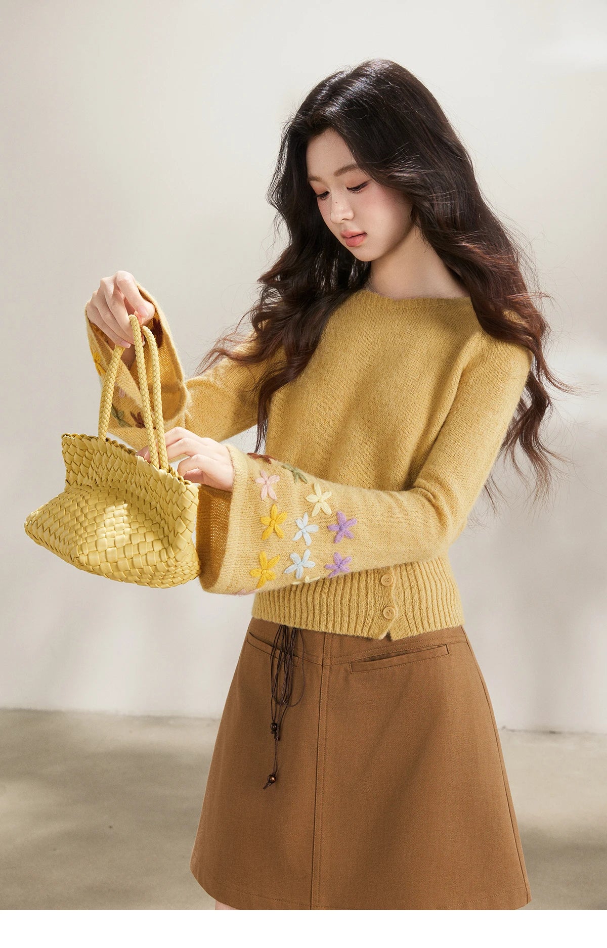 MISHOW Floral Embroidered Boat Neck Flare Sleeve Knit Tops 2026 Spring Side Button Slim Casual Soft Yellow Sweater MXE94Z2864