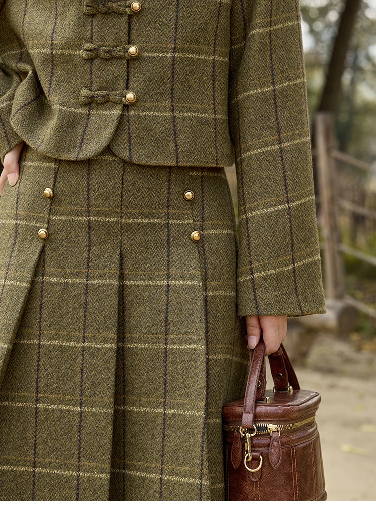 MISHOW Retro Plaid Tweed Jacket Short Skirt Separately Women 2024 Winter Doll Collar Jacket Pleated Mid Length Skirt MXD48W0469