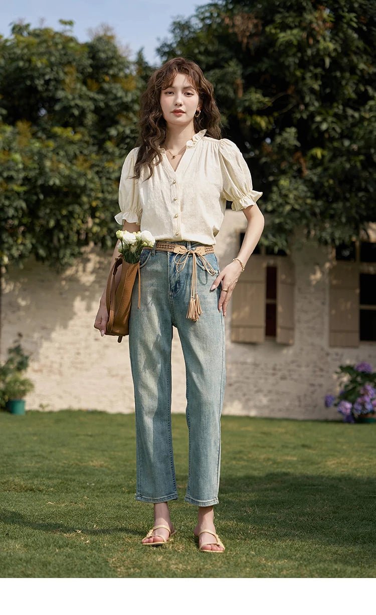 MISHOW Suspender Denim Dress Paired Blouse Separately 2024 Summer V Neck Puff Sleeve Top Back Elastic Waist Dress MXD21L1664