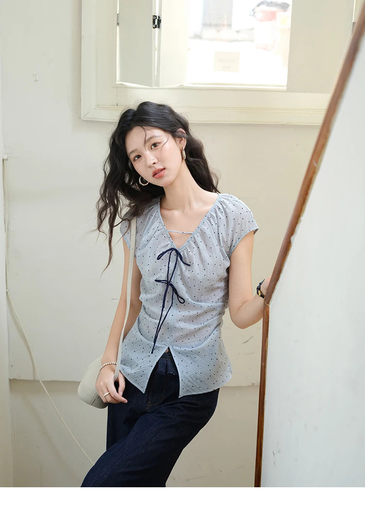 MISHOW Women's Elegant Blouses 2025 Summer Ladies V-Neck Bow Spliced Polka Dot Garment Sleeves Top Female Clothing MXE37X1909