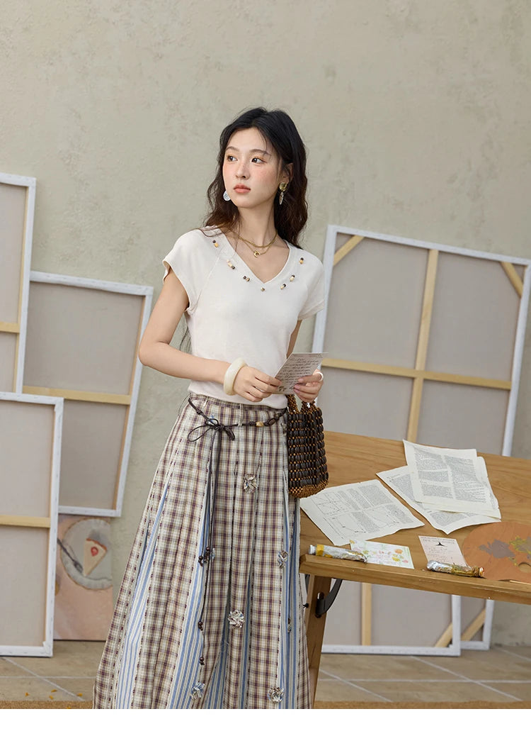 MISHOW Retro Plaid Patchwork Pleats Skirt Summer 2025 Versatile Flowers Slim Skirt A-LINE Skirts Excluding Waist Belt MXE35B0726