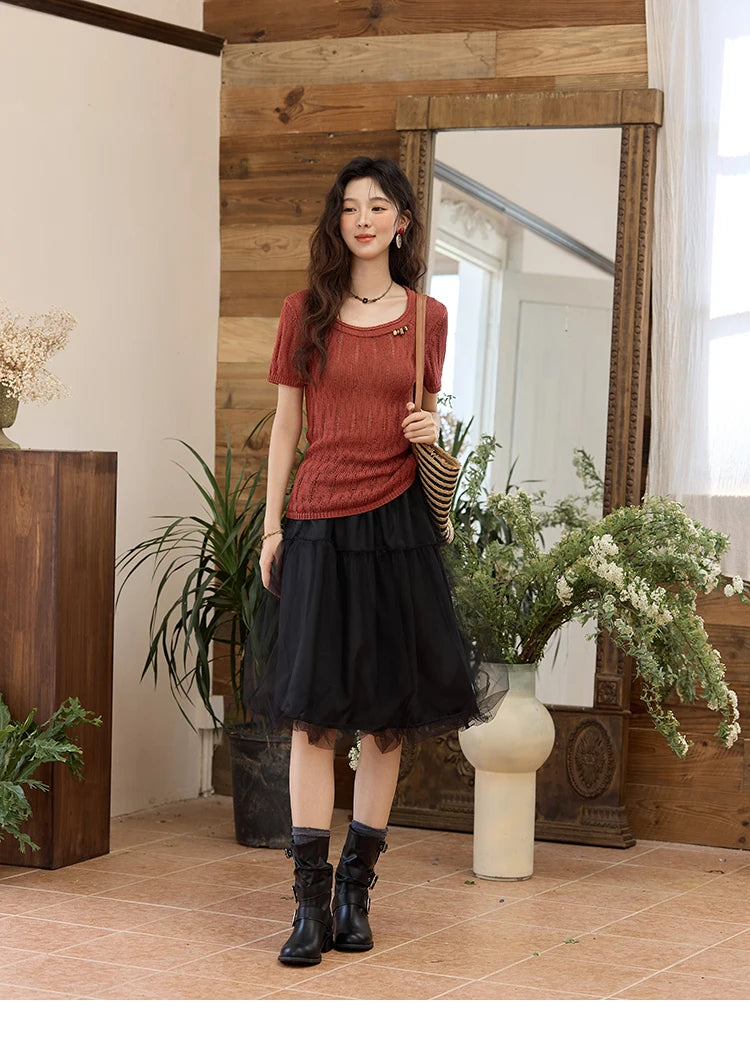 MISHOW Retro Red Hollow Thin Knitted Sweater Shirt for Women 2025 Summer Beads Short Sleeves Knitted Breathable Top MXE35Z1271