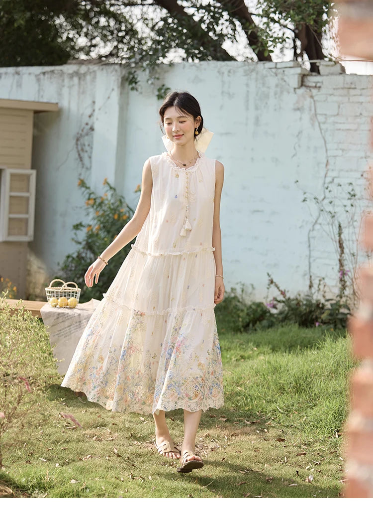 MISHOW Women's Fashion Sleeveless Print Dress 2025 Summer New Mushroom Edge O-Neck Lace Up Tassels Loose Midi Dresses MXE36L2253