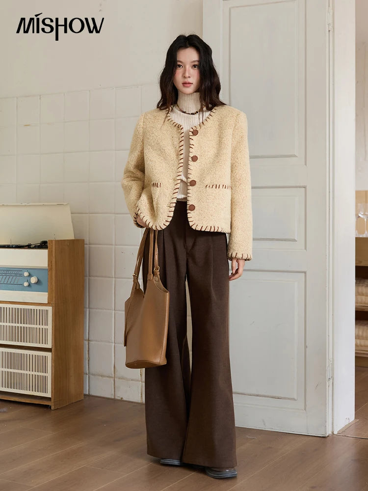 MISHOW Women Winter Jacket 2025 Fashion New Apricot Round Neck Single-breasted Wool Coat Elegant Commuting Short Coat MXE88W0885