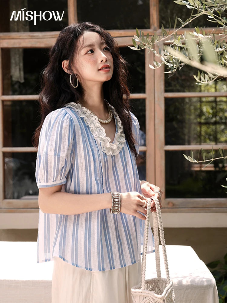 MISHOW 2025 Summer New 100% Cotton Striped Blouse Women Fashion Lantern Sleeve Lace V-neck Casual Top Ladies Clothing MXE36X1845
