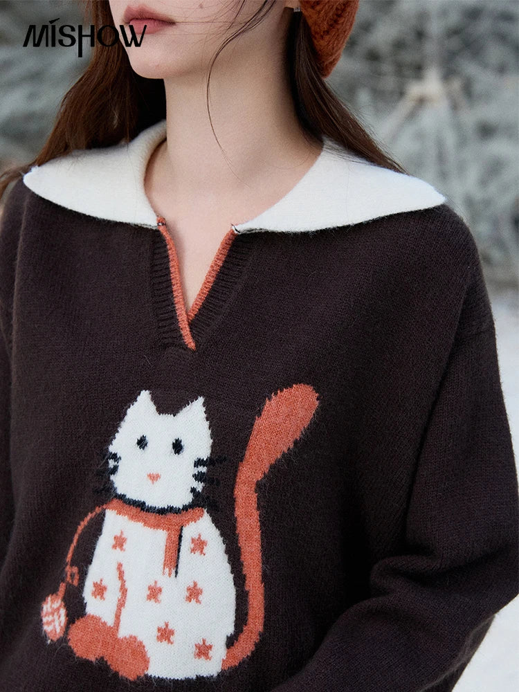 MISHOW Women's Retro Arctic Fleece Cat Sweater 2025 Autumn Winter Color Block Lapel 3D Jacquard Thick Knitted Top MXE90Z2835