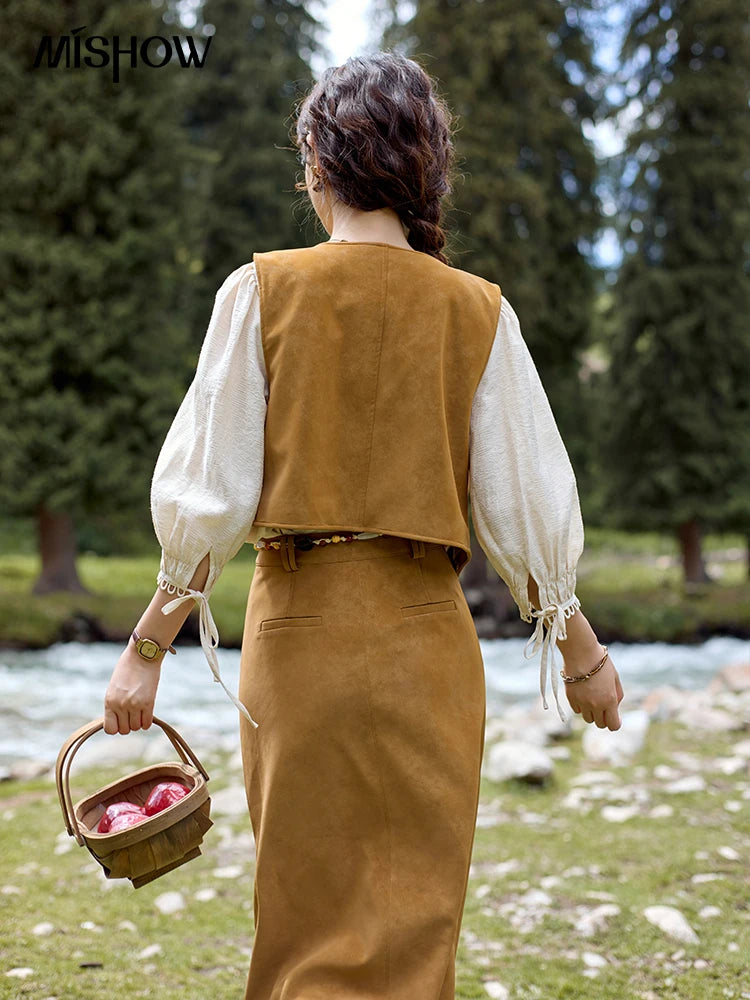 MISHOW Retro High Waist Suede Midi Skirt for Women Autumn 2024 Symmetrical Lip Pouch Skirts Slim Solid A-LINE Skirt MXD41B0486