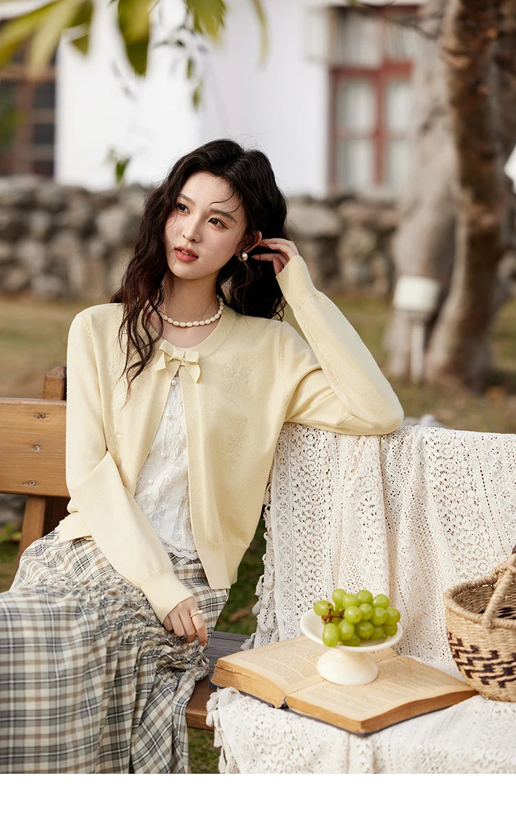 MISHOW Women's Iris Embroidery Round Neck Cardigan 2025 Spring Loose Knitted Thin Bow Design(Not Include Lace Vest)MXE13Z1142