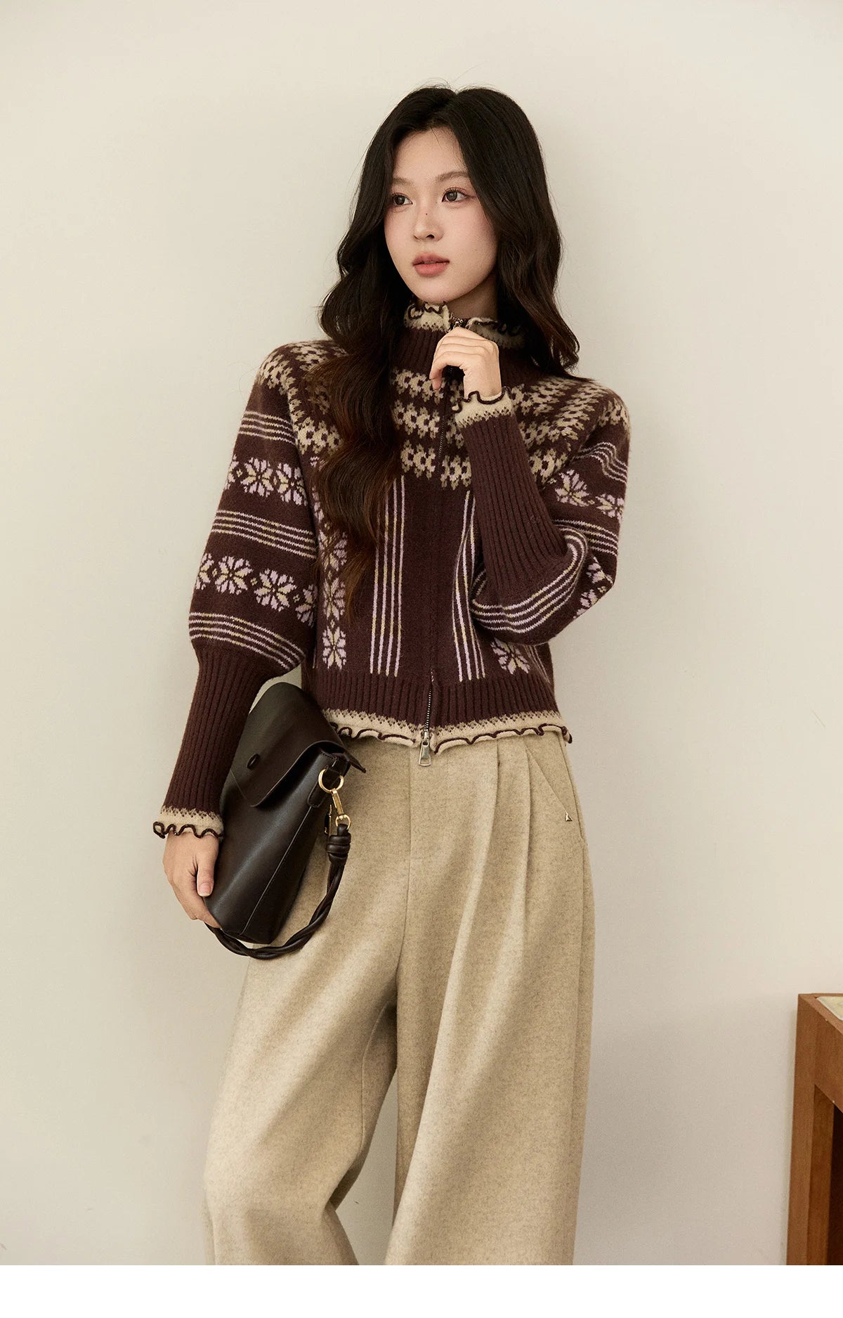 MISHOW Women's Brown Knitted Fair Isle Sweater Vintage Jacquard Lantern Sleeves Zipper Top Ruffled Trim Warm Sweaters MXE91Z2868