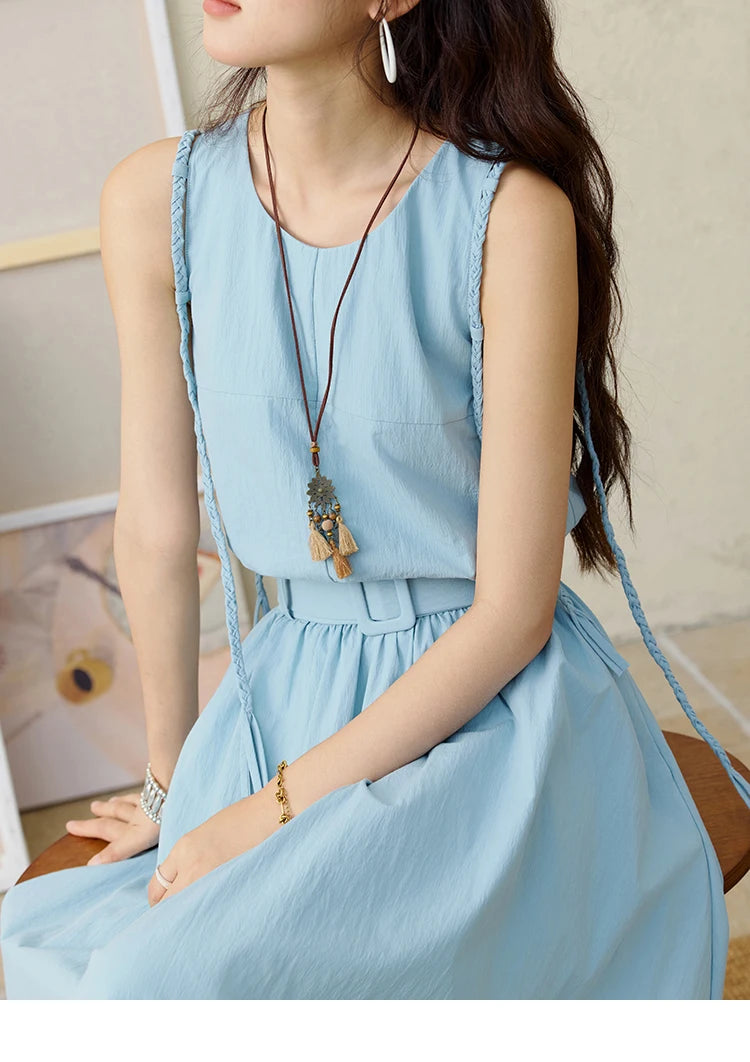 MISHOW Women's Vest Dress 2025 Summer Hand Woven Fried Dough Twists Waist Belt Slim Long Dress A-line Vacation Dress MXE34L2223