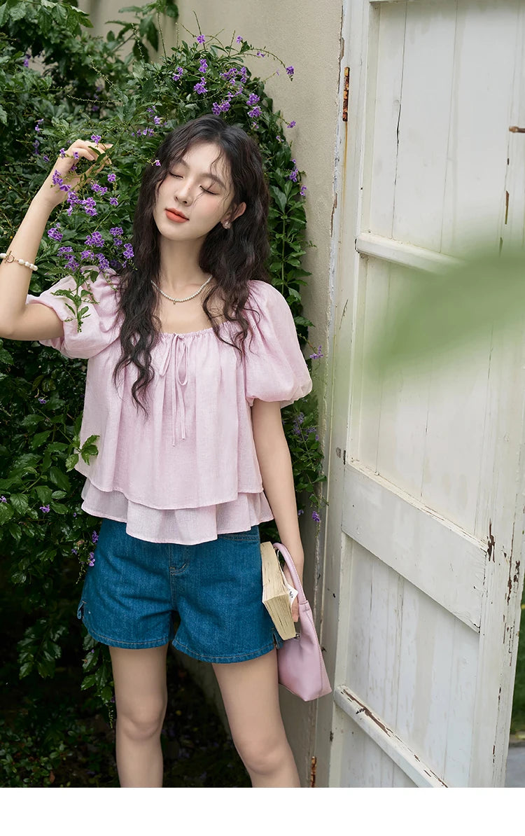 MISHOW French Square Neck Tied Lantern Sleeve Blouses 2025 Summer Double Layered Hem Puff Sleeve Solid Sweet Tops MXD26X1551