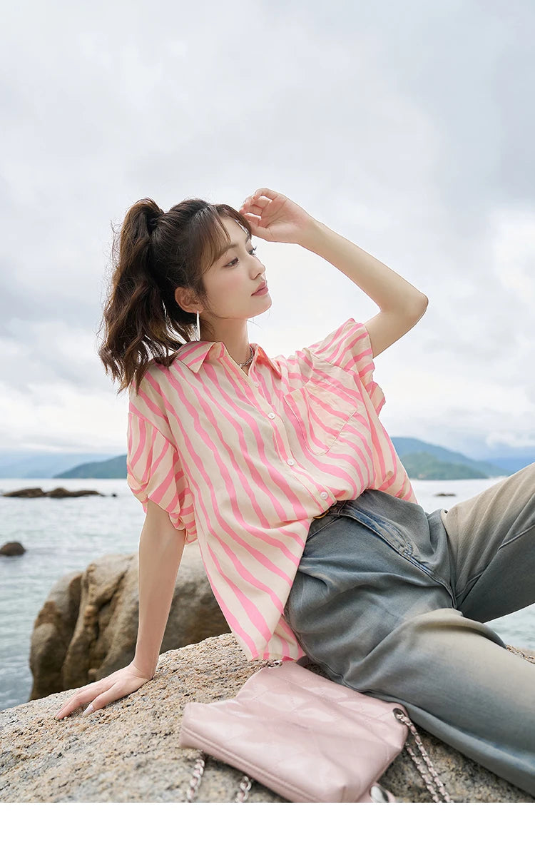 MISHOW Women's Striped Shirt 2023 Summer Korean Loose Puff Sleeve Polo Neck Pocket Casual Tops STRAIGHT Office Lady MXC38C0072