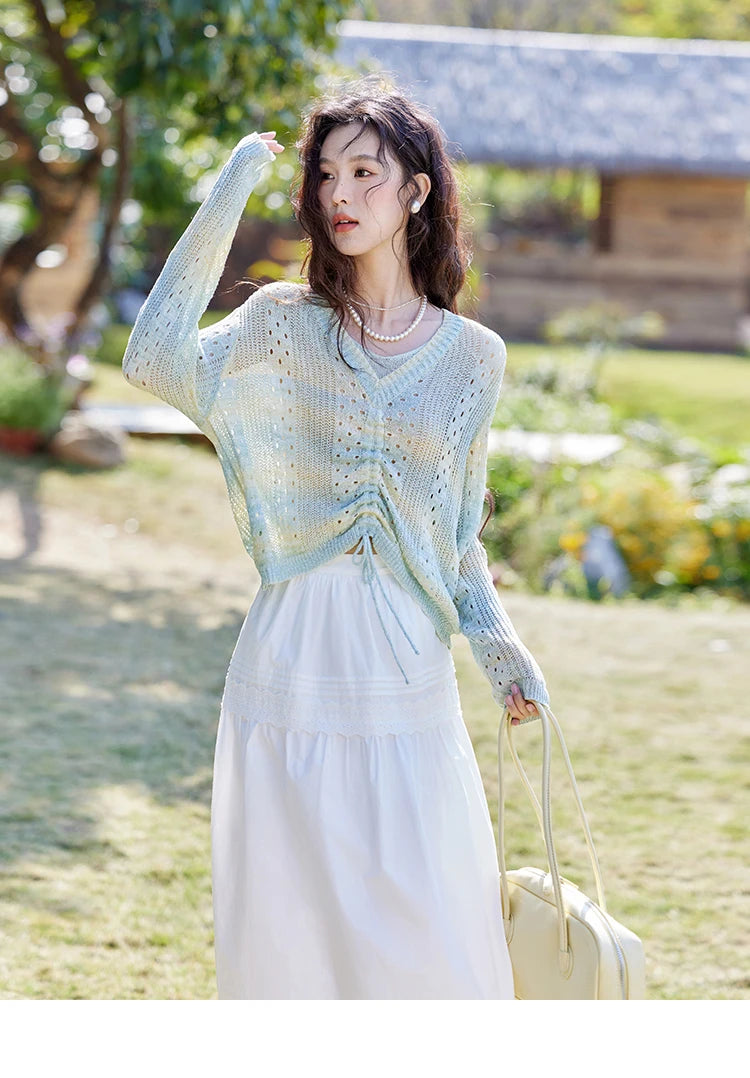 MISHOW Gradient Blue Green Knitted Sweater Women 2025 Autumn Long Sleeve V-neck Drawstring Tops New Fashion Sweaters MXE16Z1171