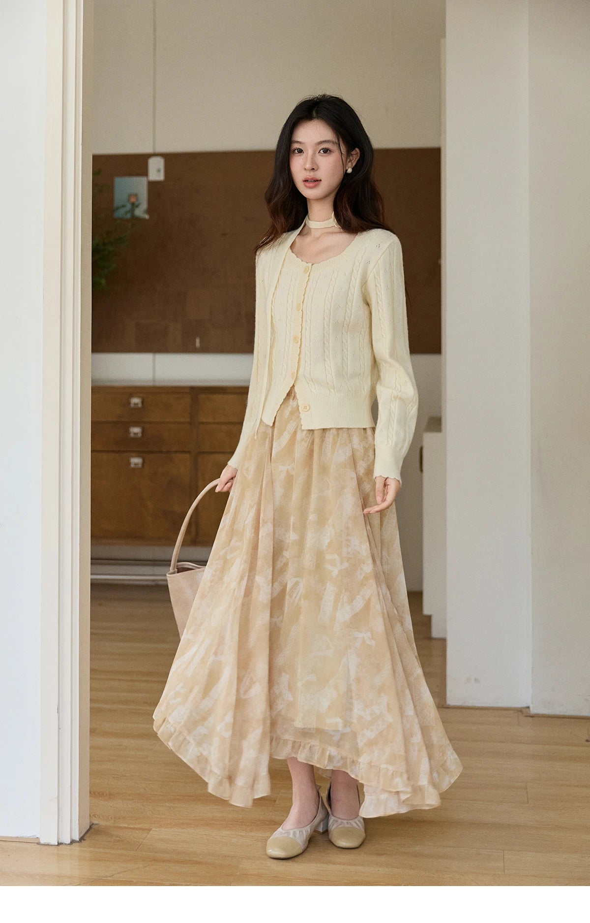 MISHOW Women's Beige Chiffon Maxi Skirt 2026 Spring Floral Print High Waist Ruffled Asymmetrical Casual Long Skirts MXF11B2463