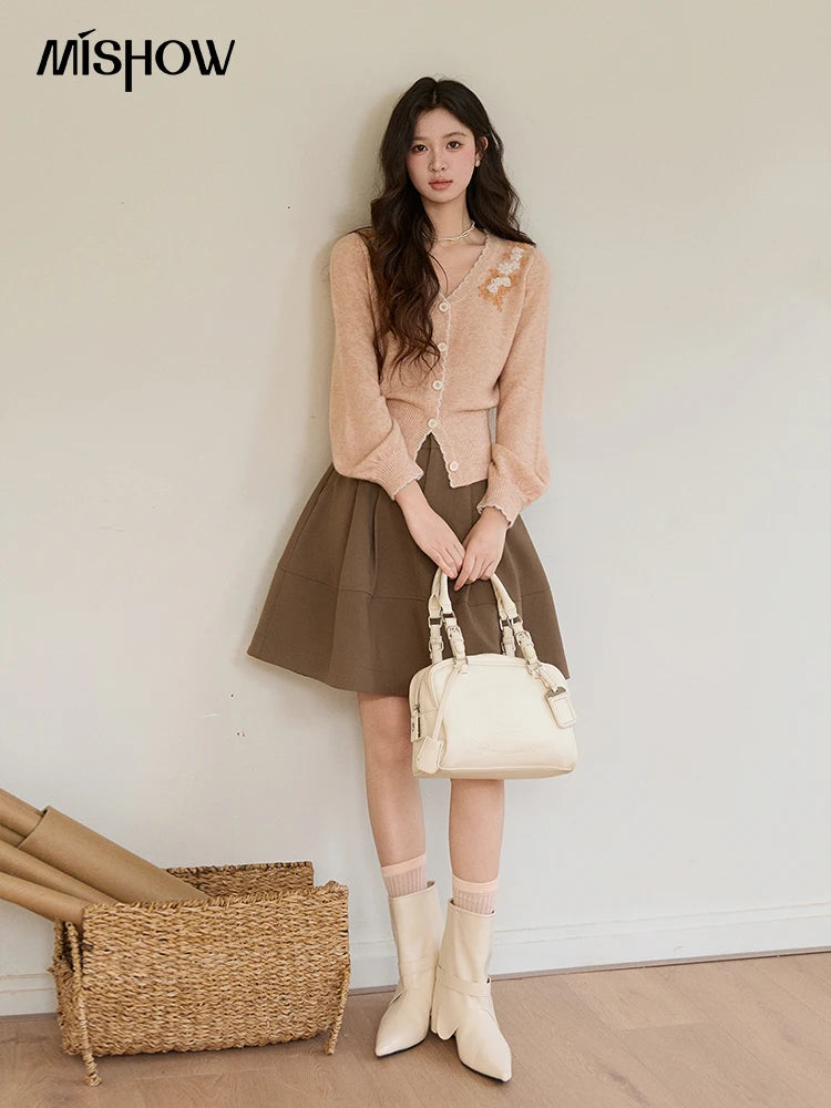 MISHOW Women's Floral Embroidery Knitted Cardigan 2026 Spring V-Neck Casual Short Tops Elegant Slim Knitted Sweater MXF11Z2917