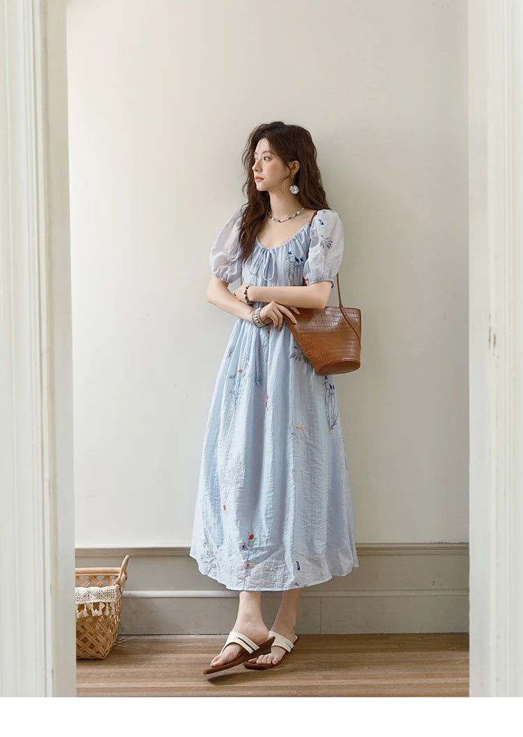 Mishow V-Neck Lace-Up Embroidery Vacation Dress MXE34L2284