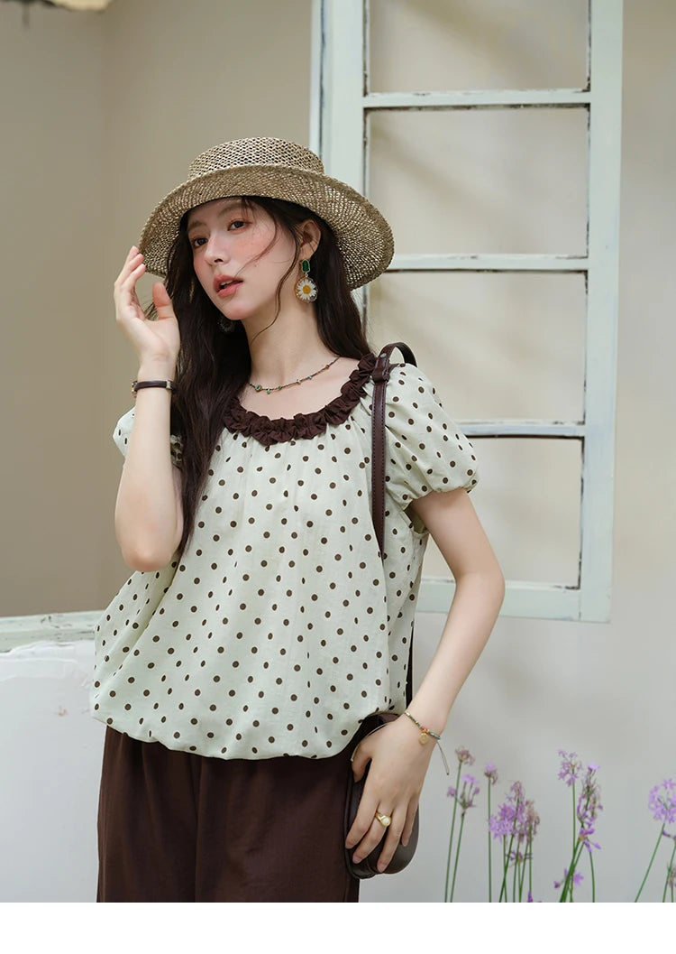 MISHOW 2025 Summer Women's Two Piece Set Polka Dot Puff Sleeve Top Casual Pocket Wide Leg Pants Set Female Clothing MXE39T0657