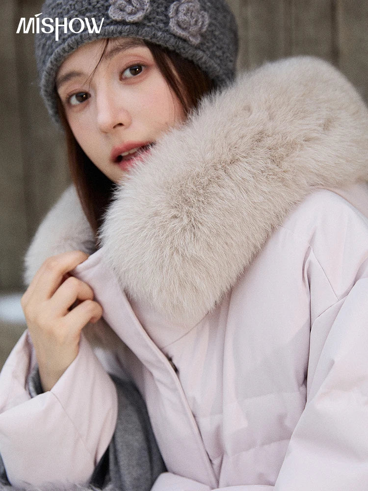 MISHOW Short Lightweight Puffer for Women 2025 Fashion Loose Long-sleeved Down Jacket Detachable Fur Collar Warm Coat MXE87Y0084