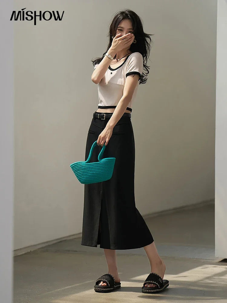 MISHOW Women's Suit Straight Midi Skirt 2025 Summer High Waist Slim Solid Front Fork Female Rear Elastic Waist Skirts MXC15B0026