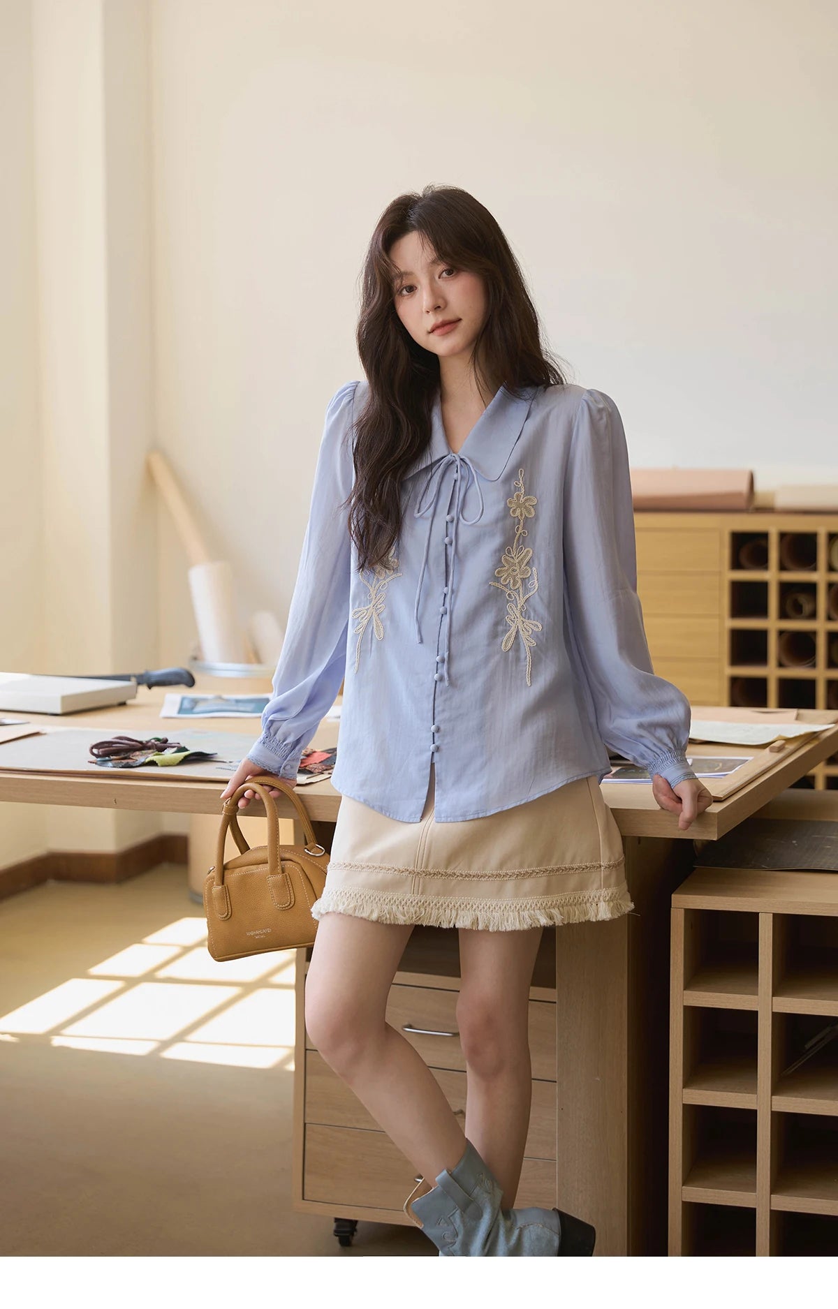 MISHOW Women's 100% Lyocell T-Shirt 2025 Autumn Flower Embroidered Tops Puff Sleeves Lapel Lace-up Shirts Office Lady MXE42C2371