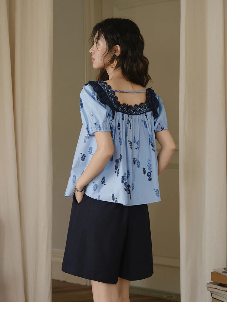 MISHOW Fashion Print Cotton Shirt for Women 2025 Summer New Puff Sleeve Lace Splicing Retro Blue Casual Button Top MXE35X1842