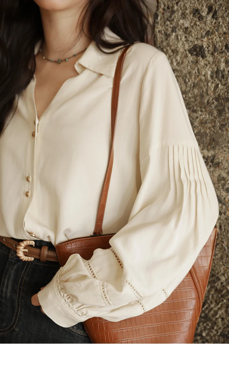 MISHOW Women's Shirt Lantern Sleeve Hollow Out Tops 2025 Autumn Single Breasted Solid Shirts Lapel Shirt Office Lady MXE41C2359