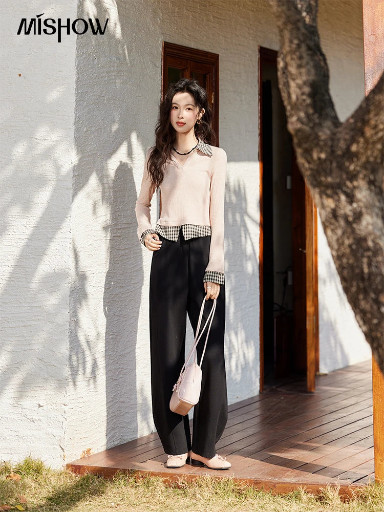 MISHOW Plaid Splicing Fake Two-piece Tops for Women Spring 2025 Contrasting Colors Slim Thin Top V-neck Casual Tees MXE13Z1108