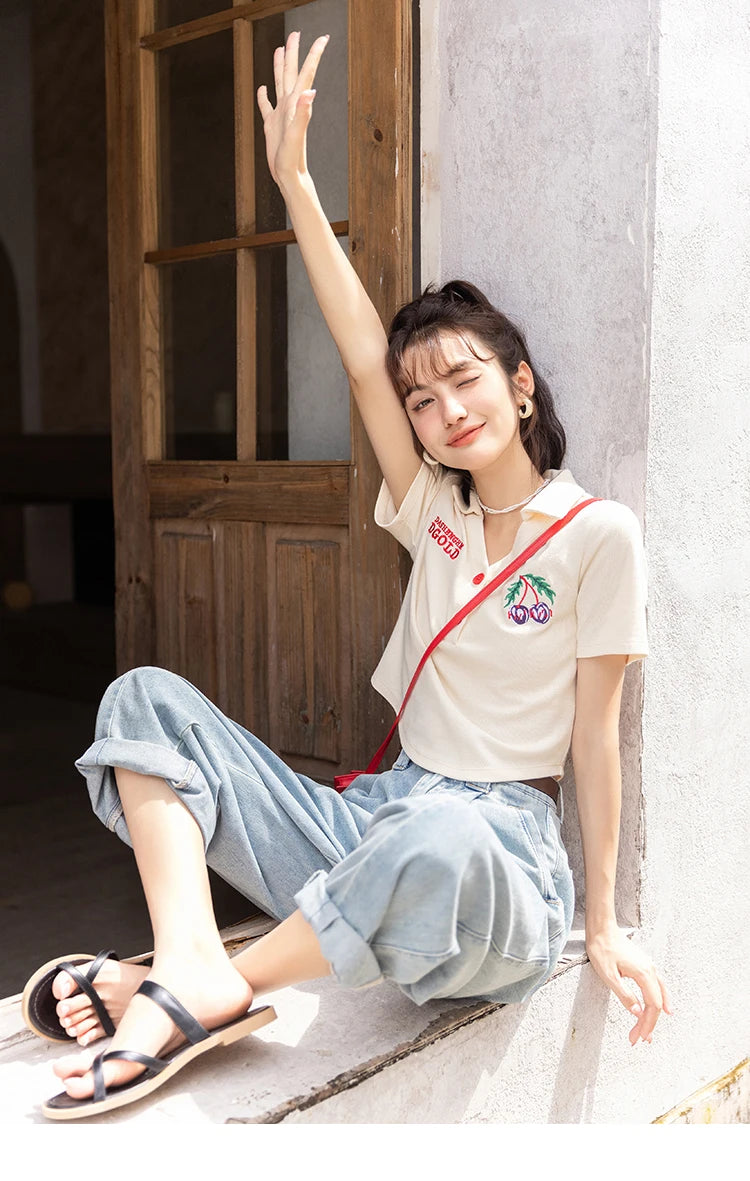 MISHOW Summer T-shirts for Women Korean Fashion Polo Collar Embroidery Letter Short Tops Harajuku Casual Solid Tees MXB32T0477