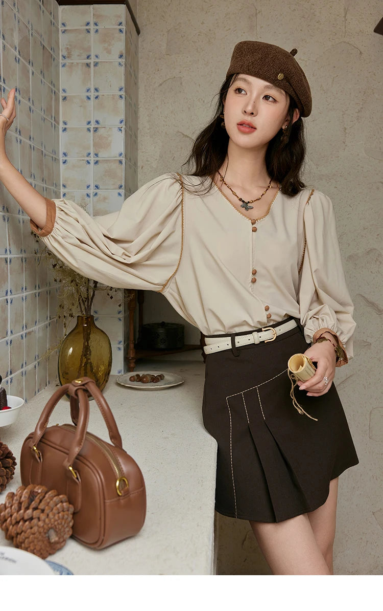 MISHOW French Retro Contrasting V-neck Shirt 2024 Autumn Solid Lantern Sleeve Top Single Row Two Buttons Casual Shirt MXD26X1597