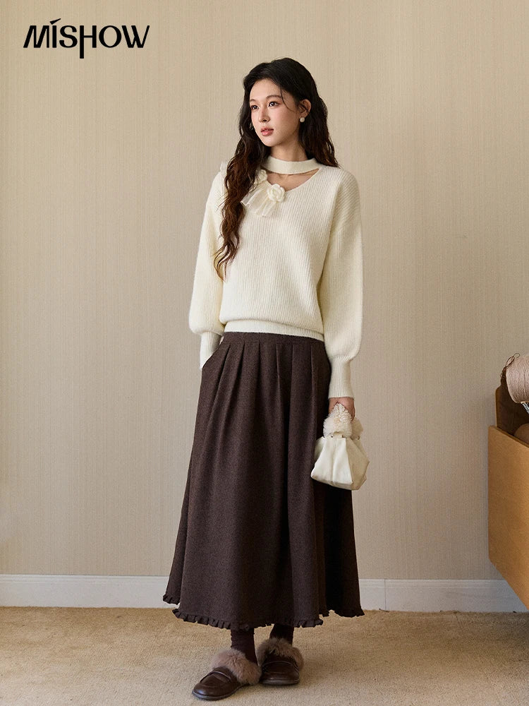 MISHOW Women's Cutout Neck Knitted Sweater 2025 Winter Ruffle Flower Decor Dropped Lantern Sleeves Pullover Tops MXE94Z2982