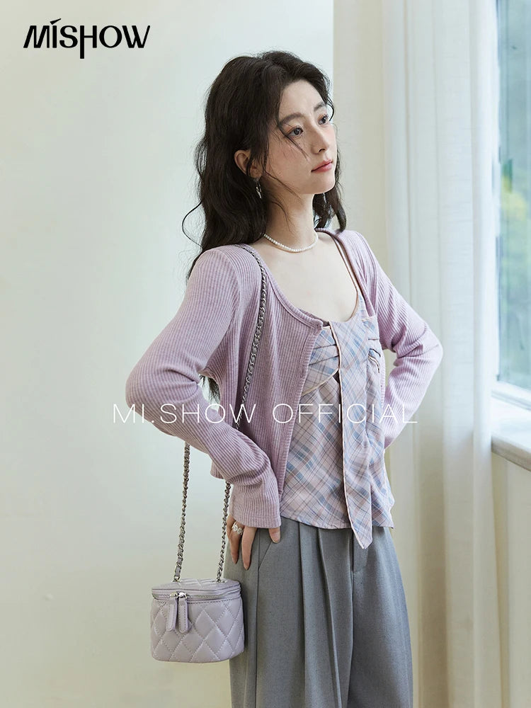 MISHOW Women's Plaid Camisole 2025 Spring Contrasting Retro Bowknot V-neck Waist Slim Top Back Elasticity Sweet Tanks MXE11D0046