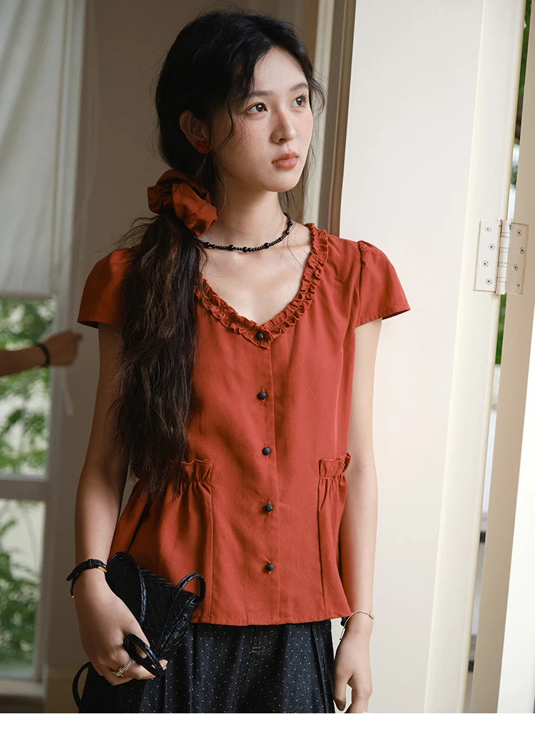 MISHOW Women's Summer Clothes 2025 Fashion Mushroom Edge V-neck Blouse Office Lady Casual Short Sleeve Button Top MXE38X1867