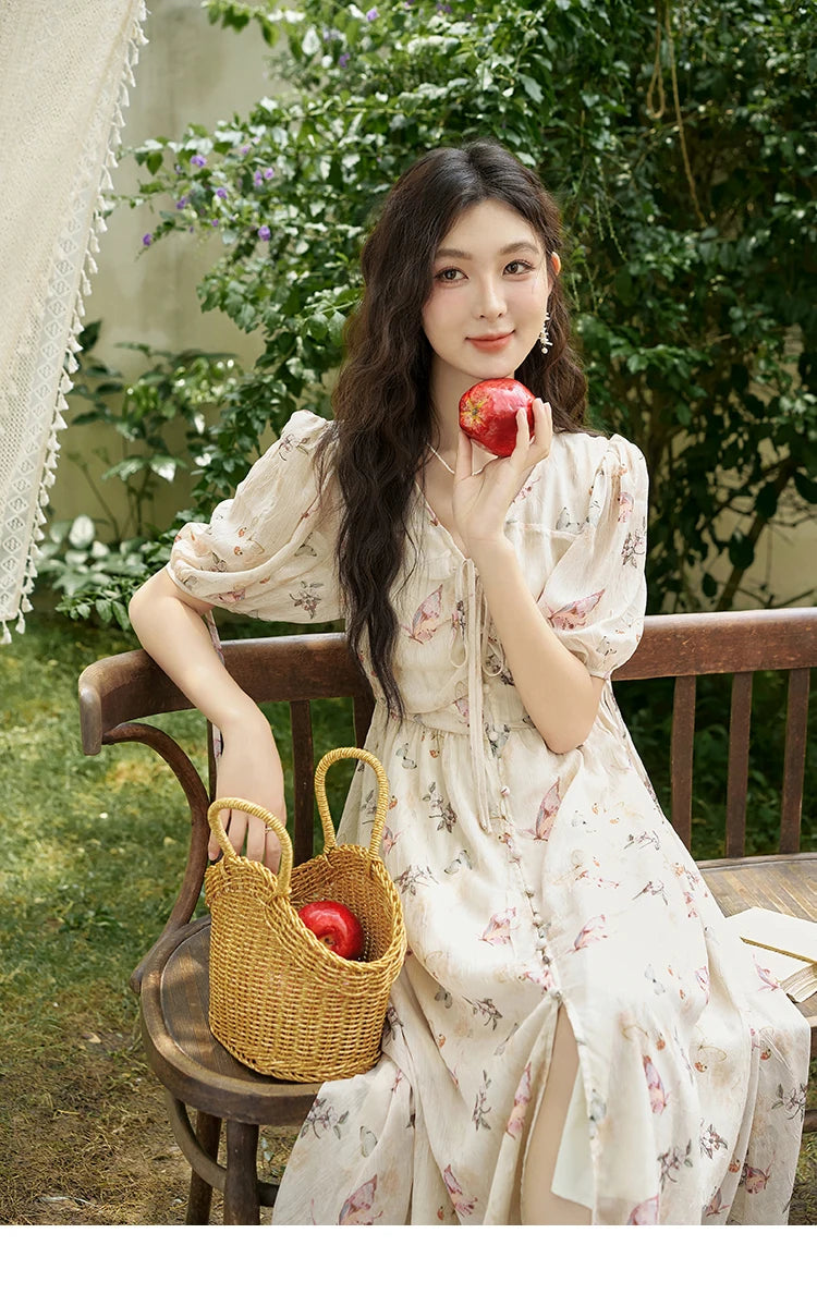 MISHOW Butterfly Printing Dress for Women 2025 Summer Luxury Elegant V-neck Lace-up Bubble Sleeves Slim Long Dress MXD15L1778