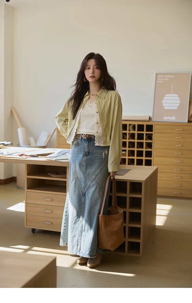 MISHOW Women's Top Green Fake Two Piece Shirt 2025 Autumn Lace Patchwork Lapel Shirts Rear Hem Elastic Short Shirt MXE41C2348