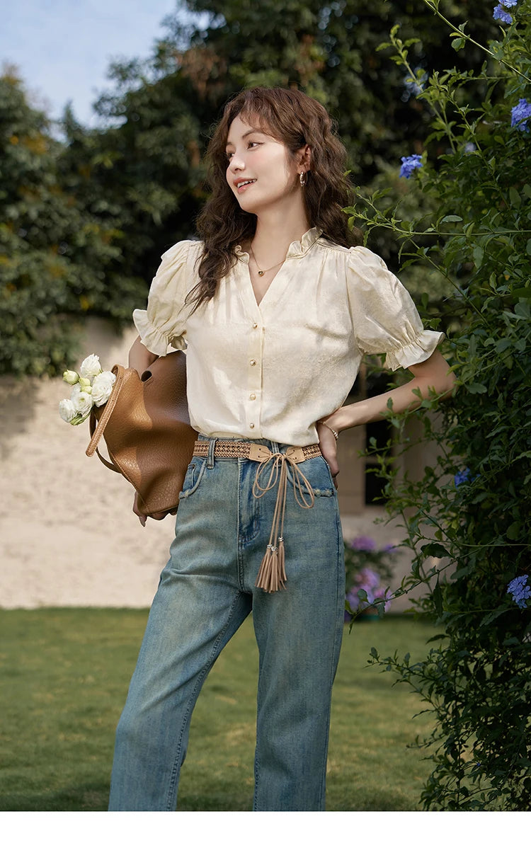 MISHOW Suspender Denim Dress Paired Blouse Separately 2024 Summer V Neck Puff Sleeve Top Back Elastic Waist Dress MXD21L1664