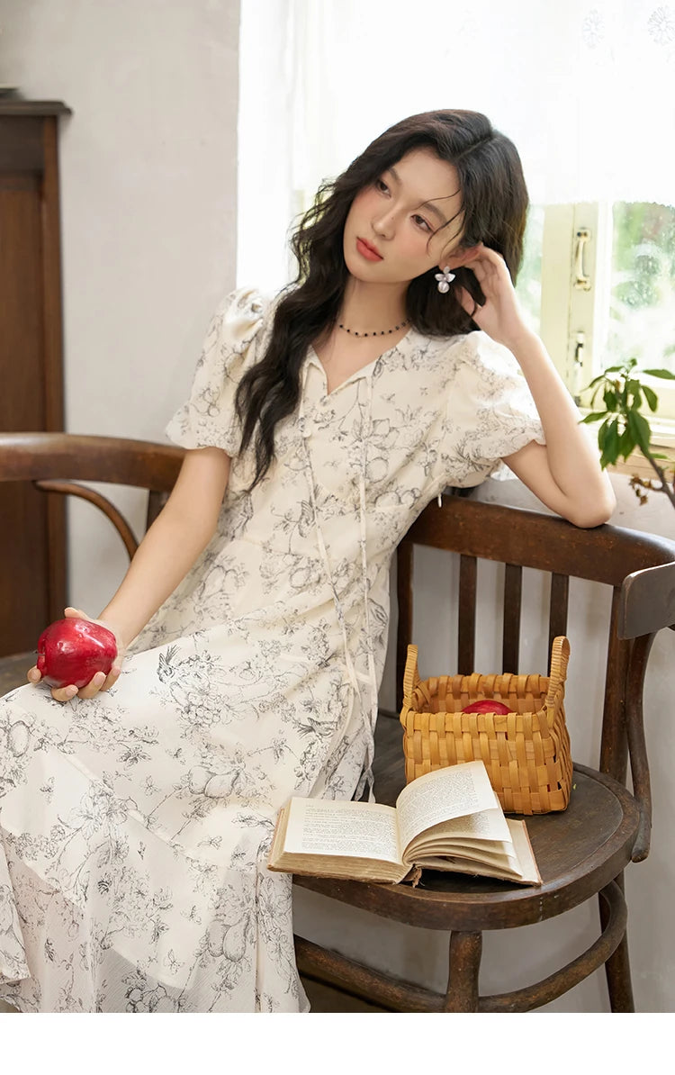 MISHOW Women's Print Chiffon Dresses 2025 Summer New Floral Short Sleeve Mid-length A-line Lace-up French Lady Dress MXD27L1841