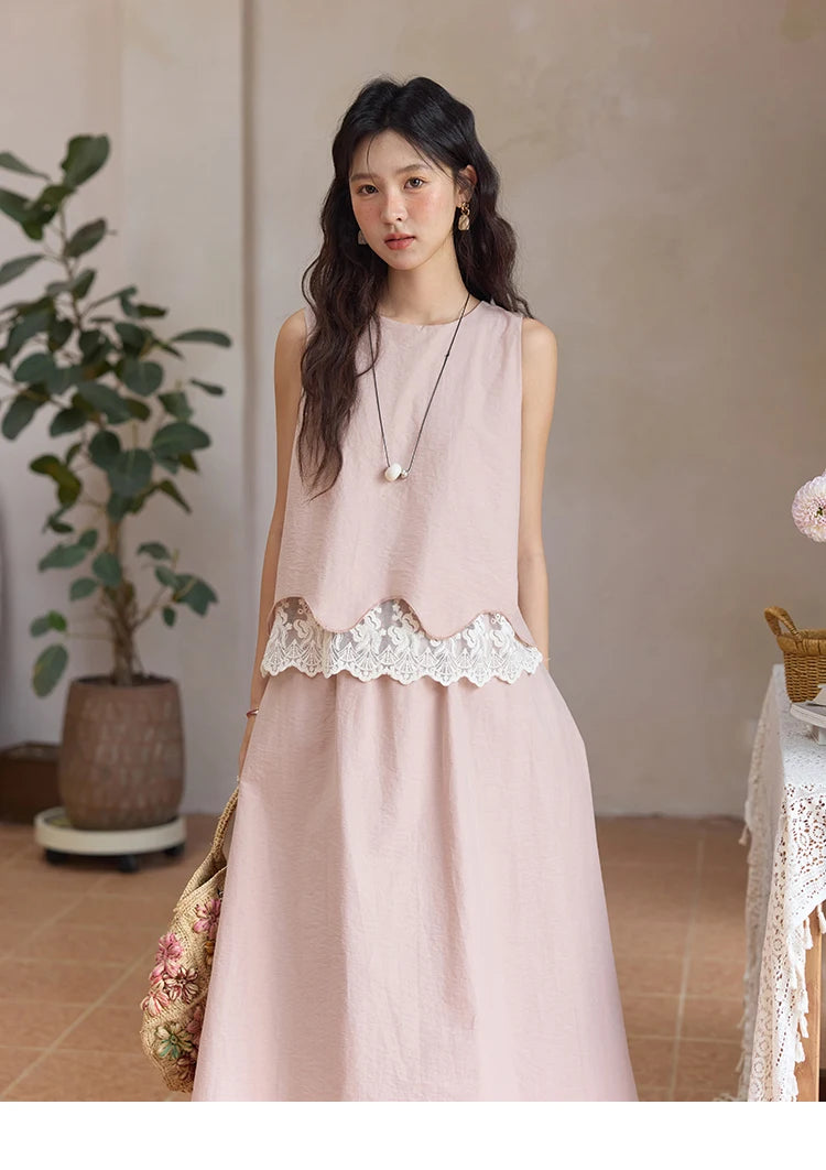 MISHOW Set 2 Piece 2025 Summer Women's O-Neck Lace Patchwork Sleeveless Top Elastic Waist Midi Skirt Elegnat Set MXE36T0641