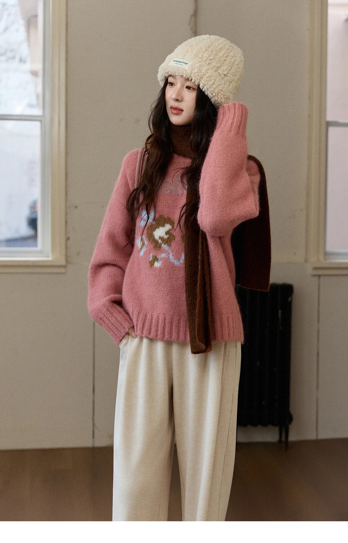 Mishow Pink Jacquard Crew Neck Pullover MXE91Z2831