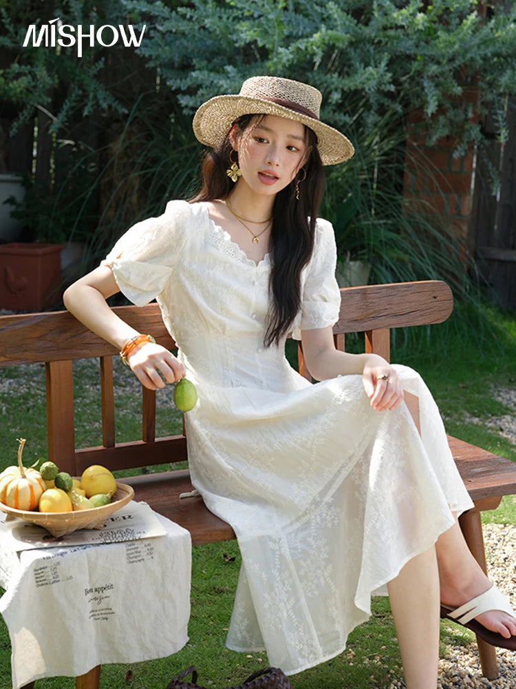 Mishow V-Neck Lace Embroidery Puff Sleeve Dress MXE39L2432