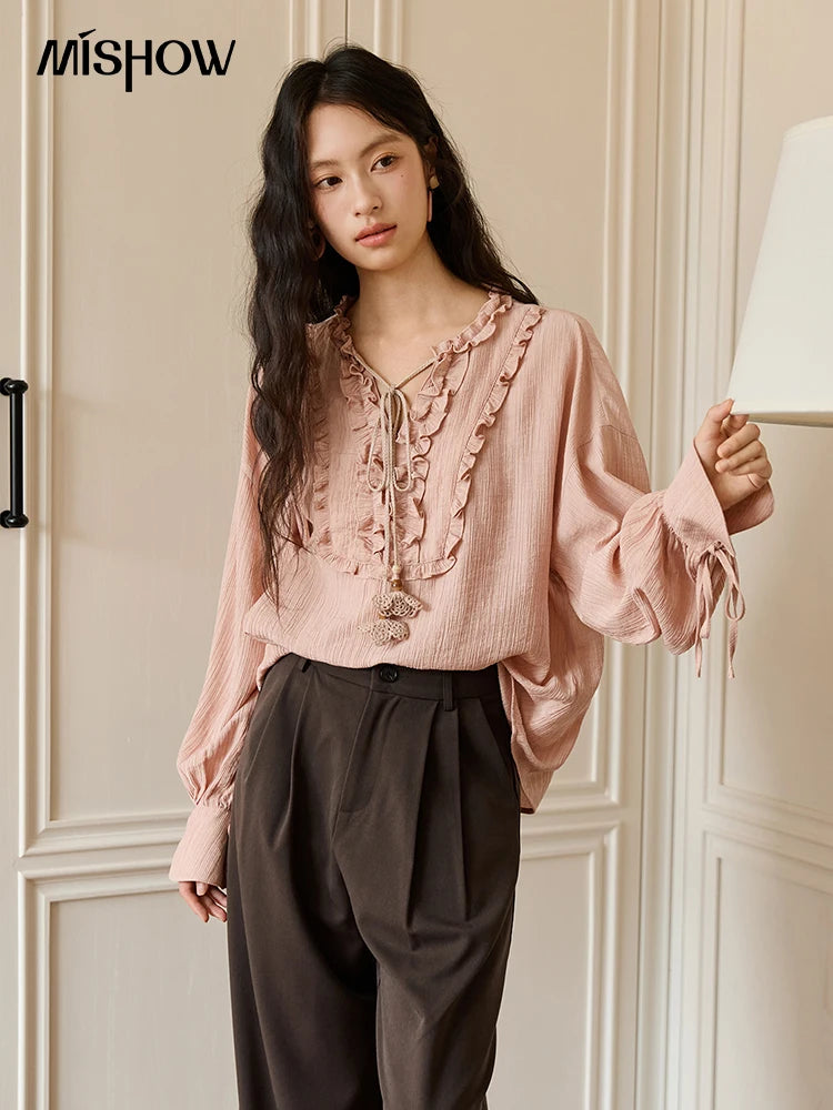 MISHOW Women's Pink Blouse 2025 Autumn Elegant Fold Edge V-collar Bubble Sleeve Top Loose Casual Commute Blouses MXE45X2485