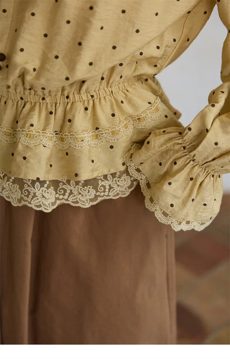 MISHOW Yellow Polka Dot Linen Blouse V-Neck Flare Sleeve MXE42X1975