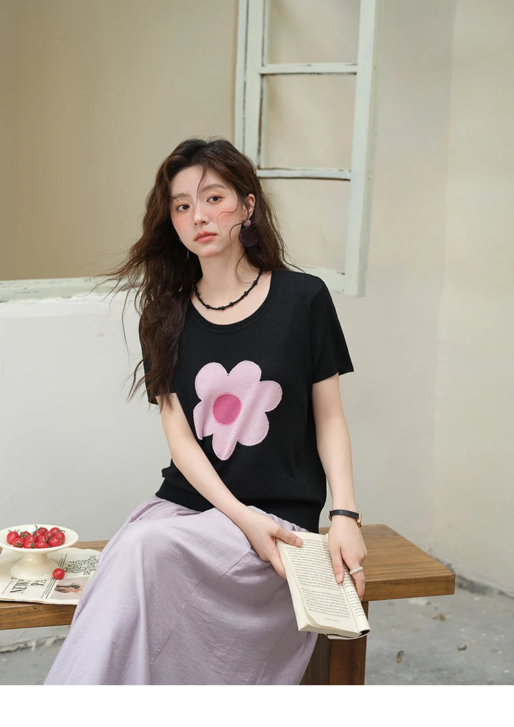 MISHOW Contrast Color Flower Knitted T-shirts for women 2025 Summer New Round Neck Top Women's Clothing Commute Tee MXE39Z1311