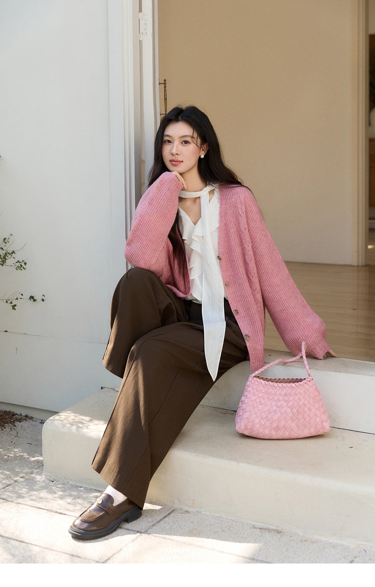 MISHOW Women's Dusty Pink Knitted Cardigan 2026 Spring V-Neck Single Breasted Tops Loose Casual Long Sleeve Outerwear MXF11Z2898