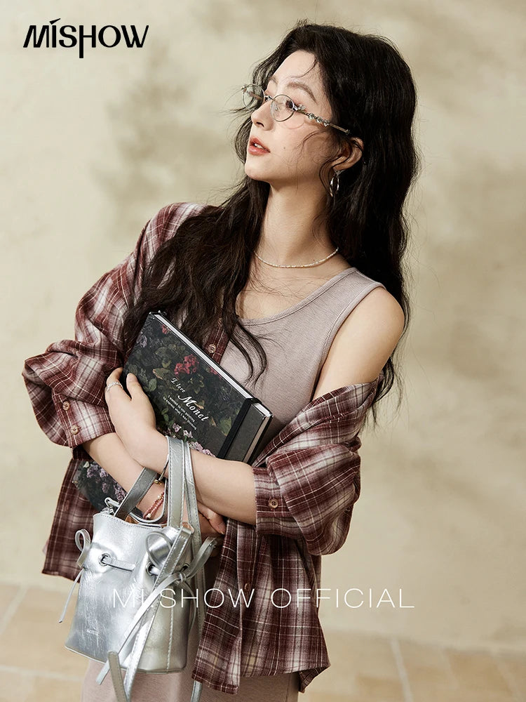 MISHOW Women's Plaid Shirt Grey Vest Dress Separately Spring Lapel Collar Shirt U-neck Sleeveless Dresses (Not A Set) MXE13L2093