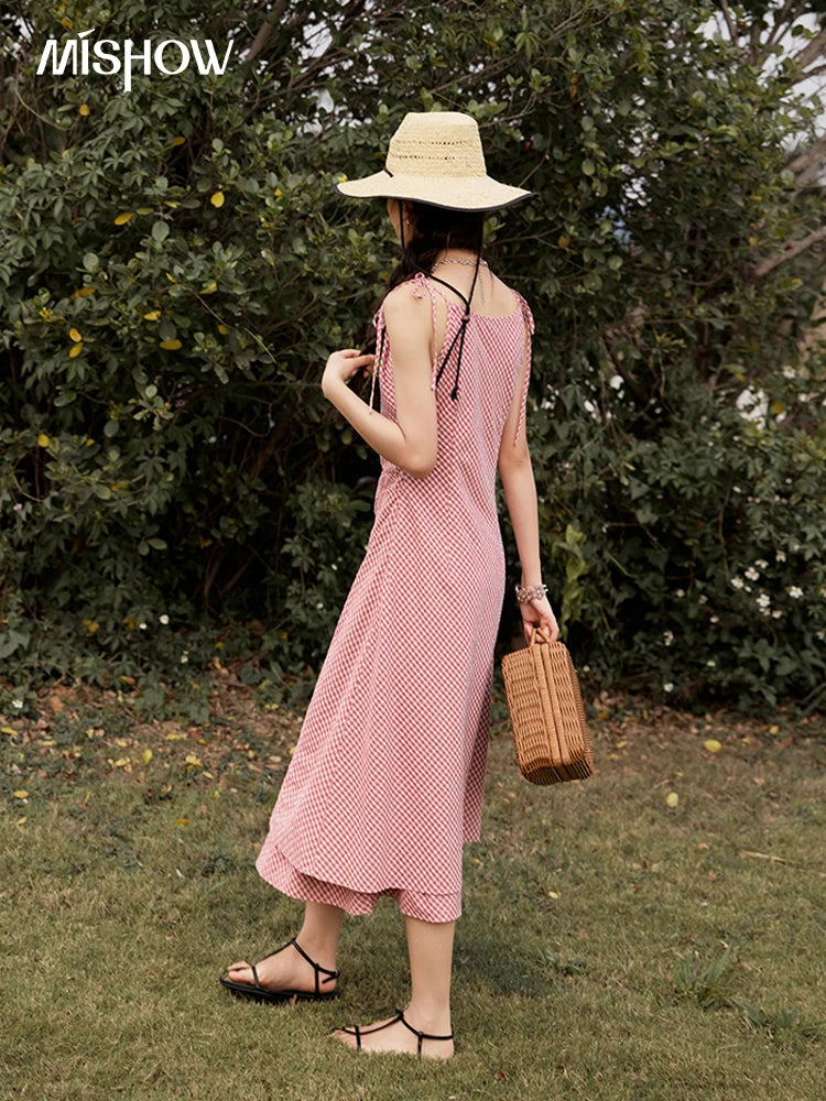 MISHOW Red Plaid Summer Camisole Dress Women New 2025 Sleeveless Elastic Waist Retro Dresses Woman Sweat Fashion MXE32L2198