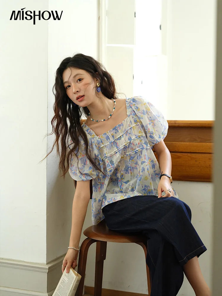 MISHOW Fashion Square Neck Puff Sleeve Blouse for Women 2025 Summer New French Sweet Loose Print Top Ladies Clothing MXE39X1937